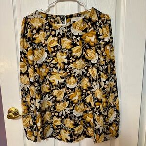 LOFT Women's Black and Gold Floral Blouse Long Sleeve Size Medium